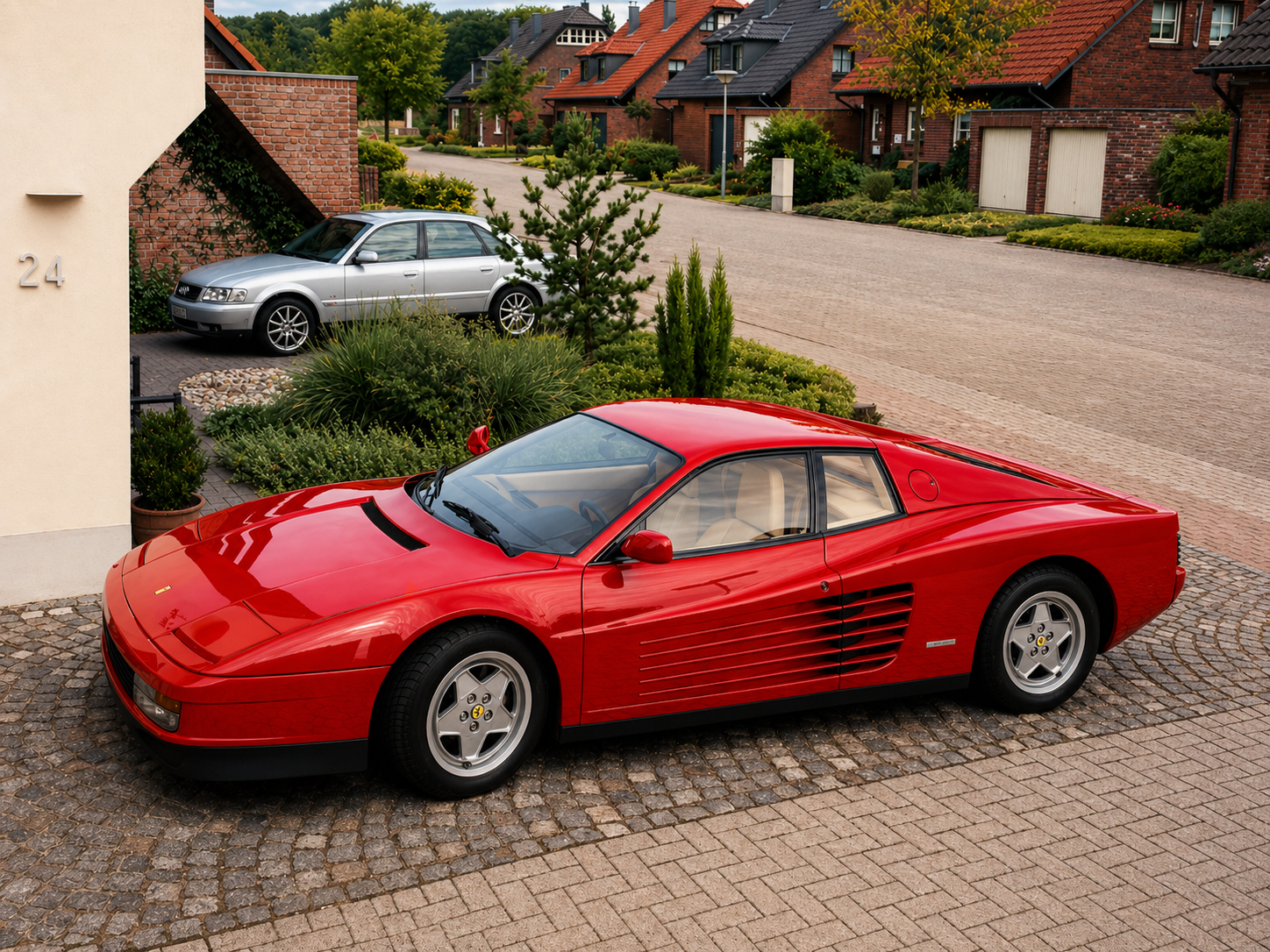 A red Testarossa car parked on a cobblestone driveway in front of a beige house, with a silver car parked in a garden area nearby, and a row of brick houses with sloped roofs in the background.