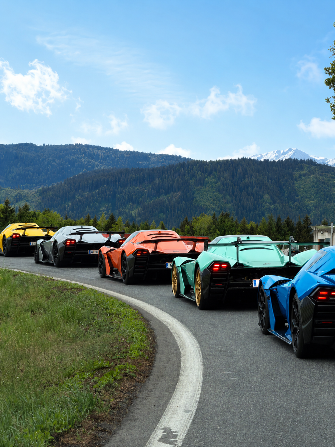 Multiple colorful KTM X-BOW sports cars traveling in a line on a mountain road surrounded by greenery with mountains and snow-capped peaks in the background.