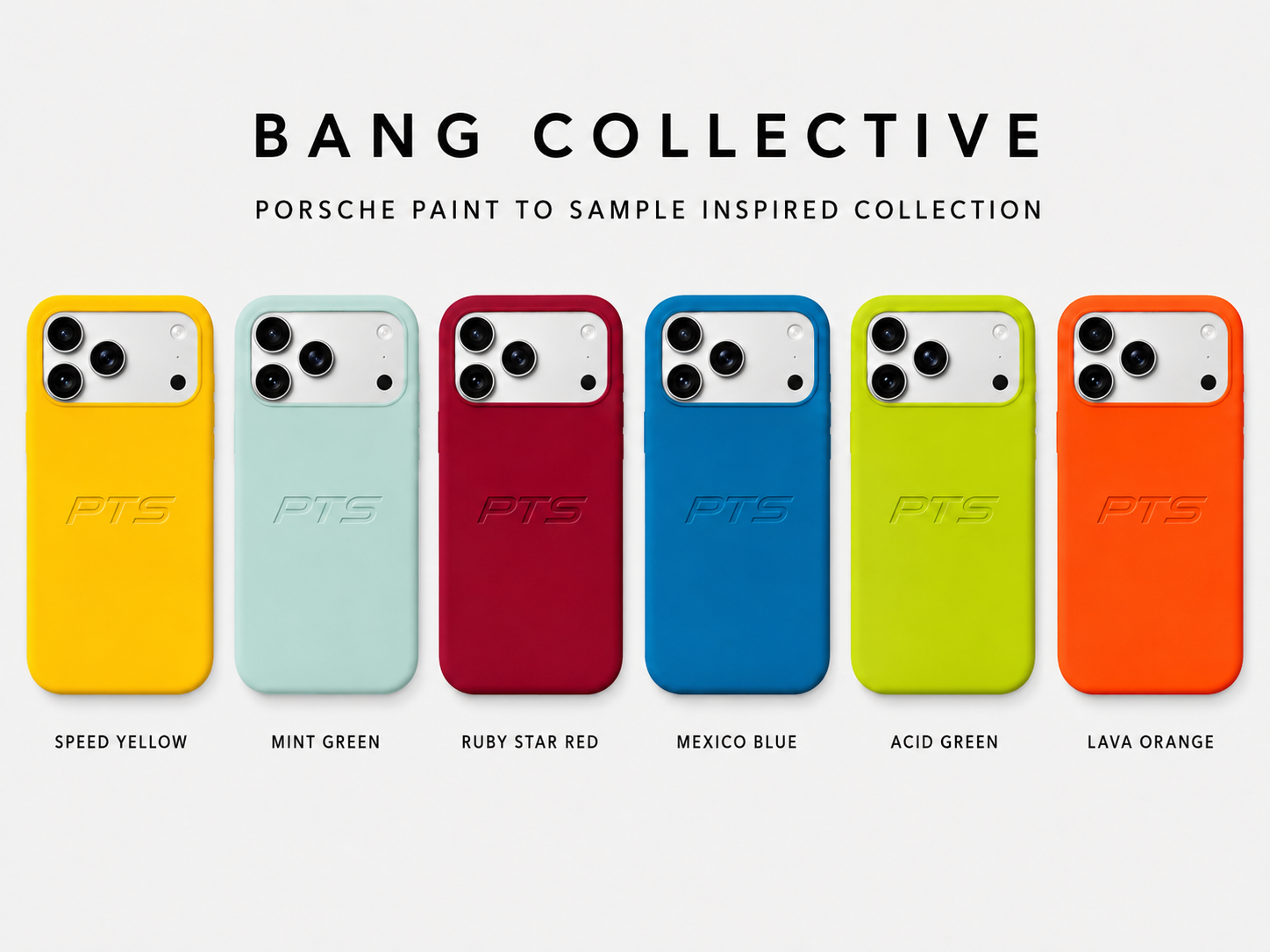 Six smartphone cases in yellow, mint green, ruby star red, Mexico blue, acid green, and lava orange, each with the word PTS embossed on the back, arranged in a row on a white background with text above indicating they are part of a Porsche-inspired collection.