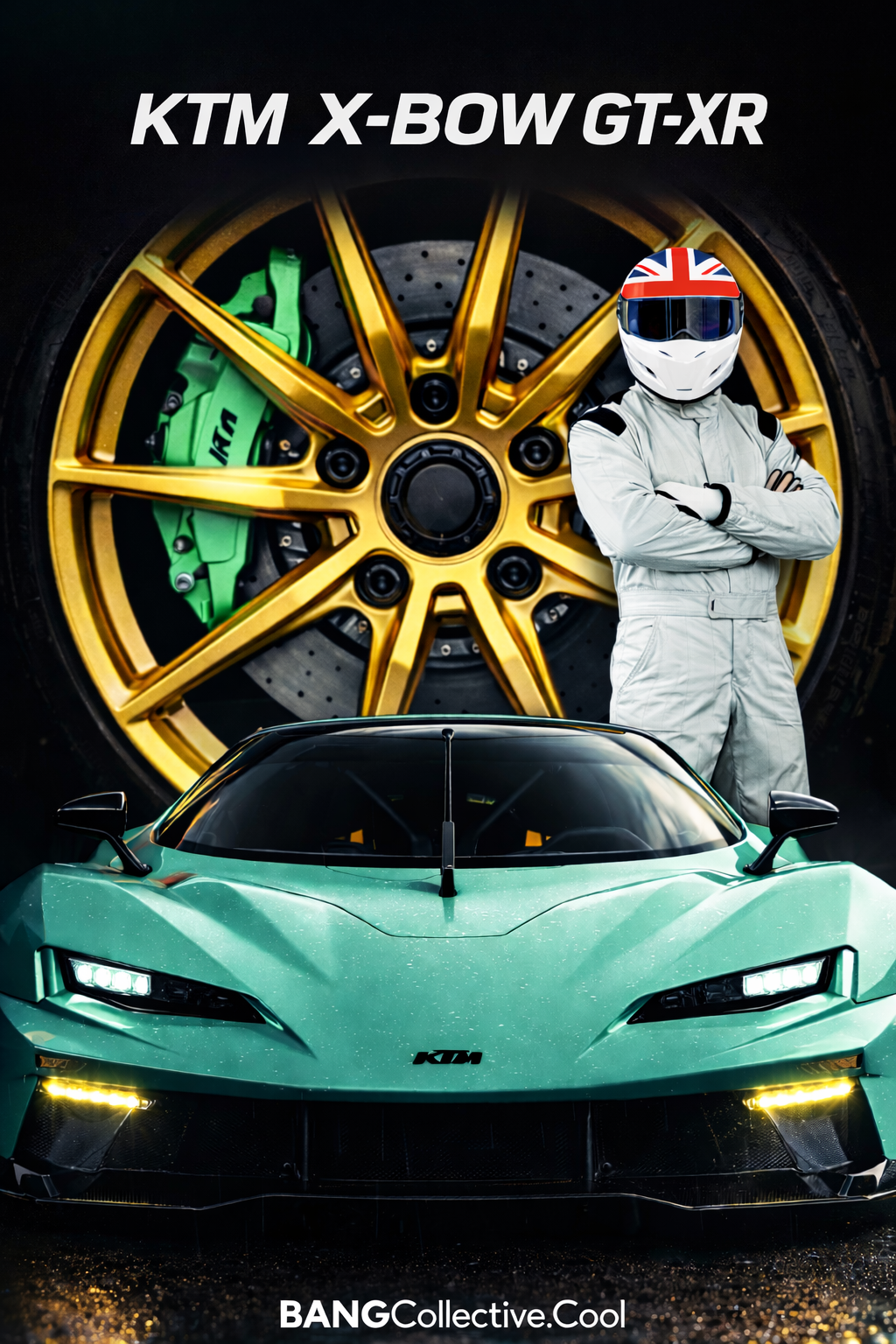 A green KTM X-BOW sports car with a sleek design, a person wearing a racing suit and helmet with Union Jack design, standing with arms crossed, a large gold wheel, and a green brake caliper in the background.