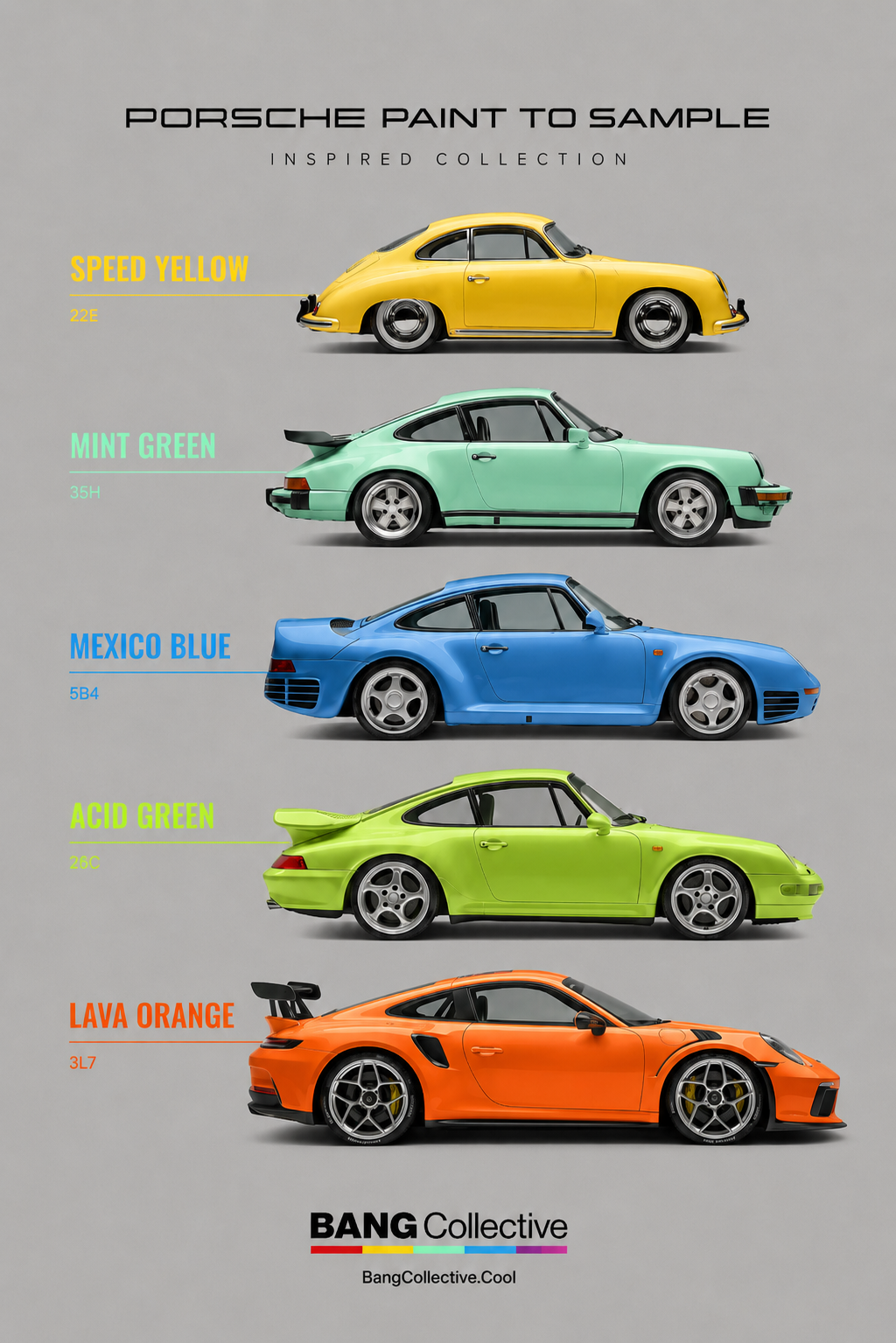 Side view of five cars painted in different colors, labeled with color names and codes, under the title 'Porsche Paint to Sample' and the subtitle 'Inspired Collection,' with a logo and website at the bottom.