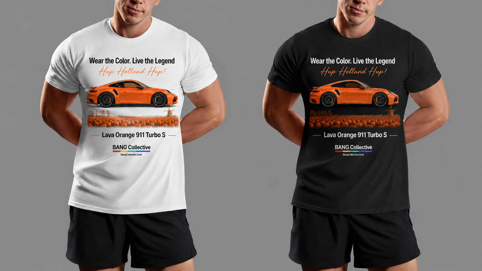 Two men are wearing graphic T-shirts with an orange sports car on the front, with one T-shirt in white and the other in black, both featuring similar designs for a car promotion.
