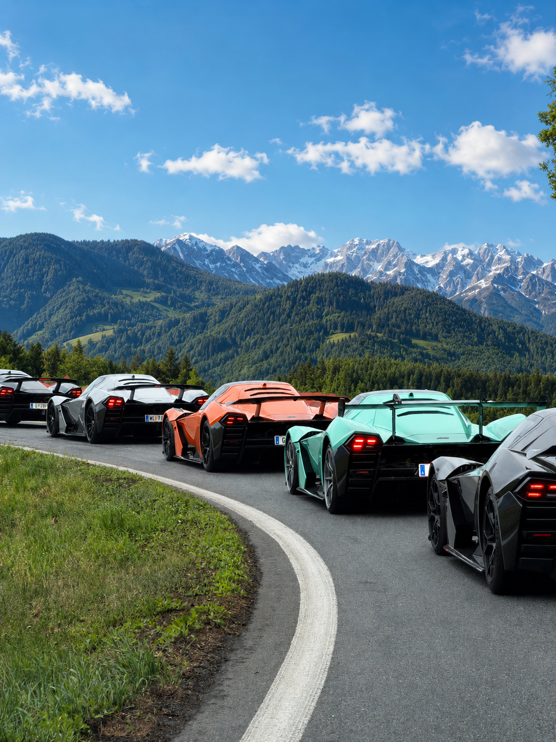 A lineup of KTM X-Bow sports cars on a winding mountain road with forested hills and snow-capped peaks in the background.