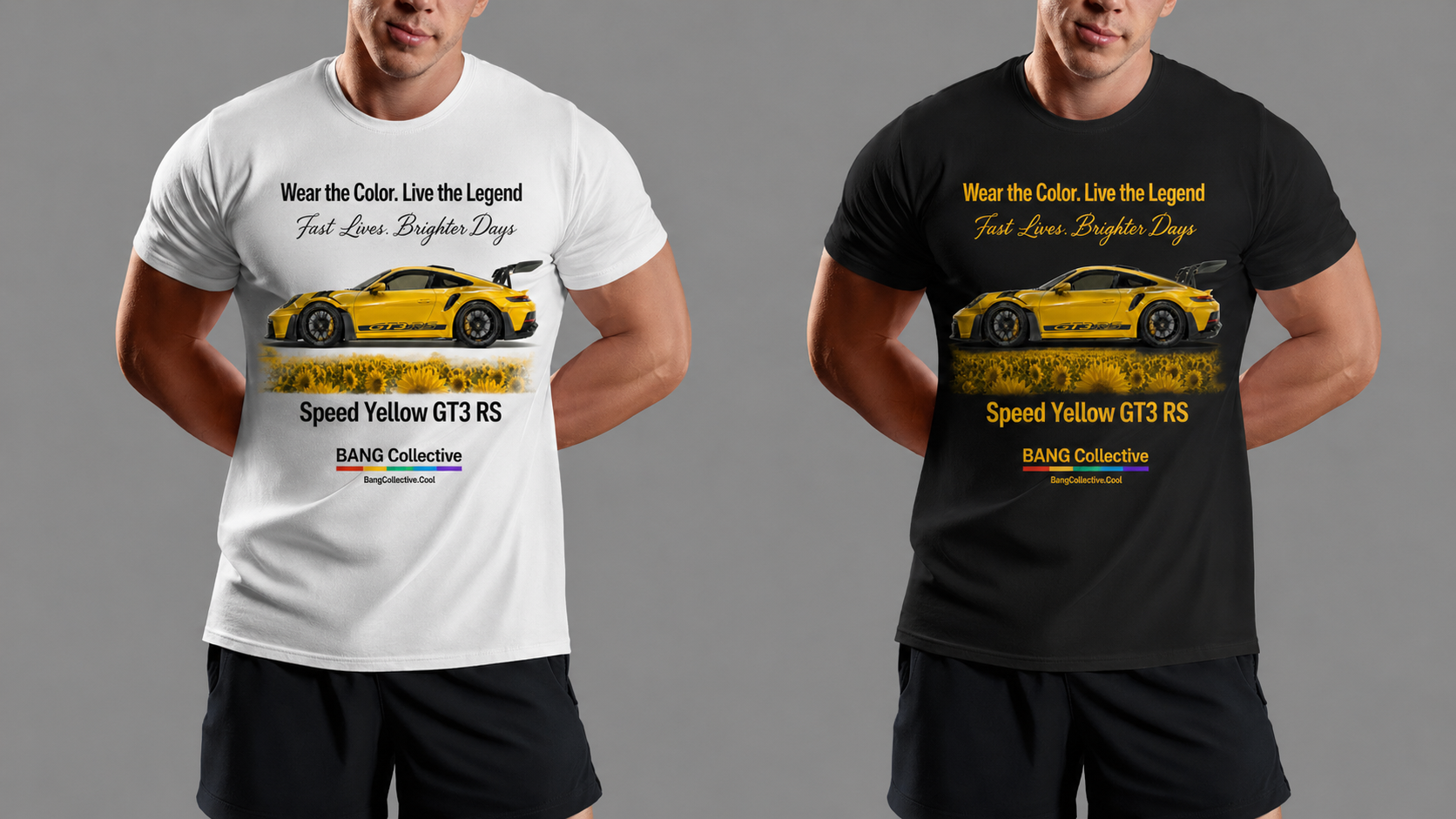 Two men are wearing T-shirts with car graphics and text promoting yellow sports cars, one on a white shirt and one on a black shirt, against a plain grey background.