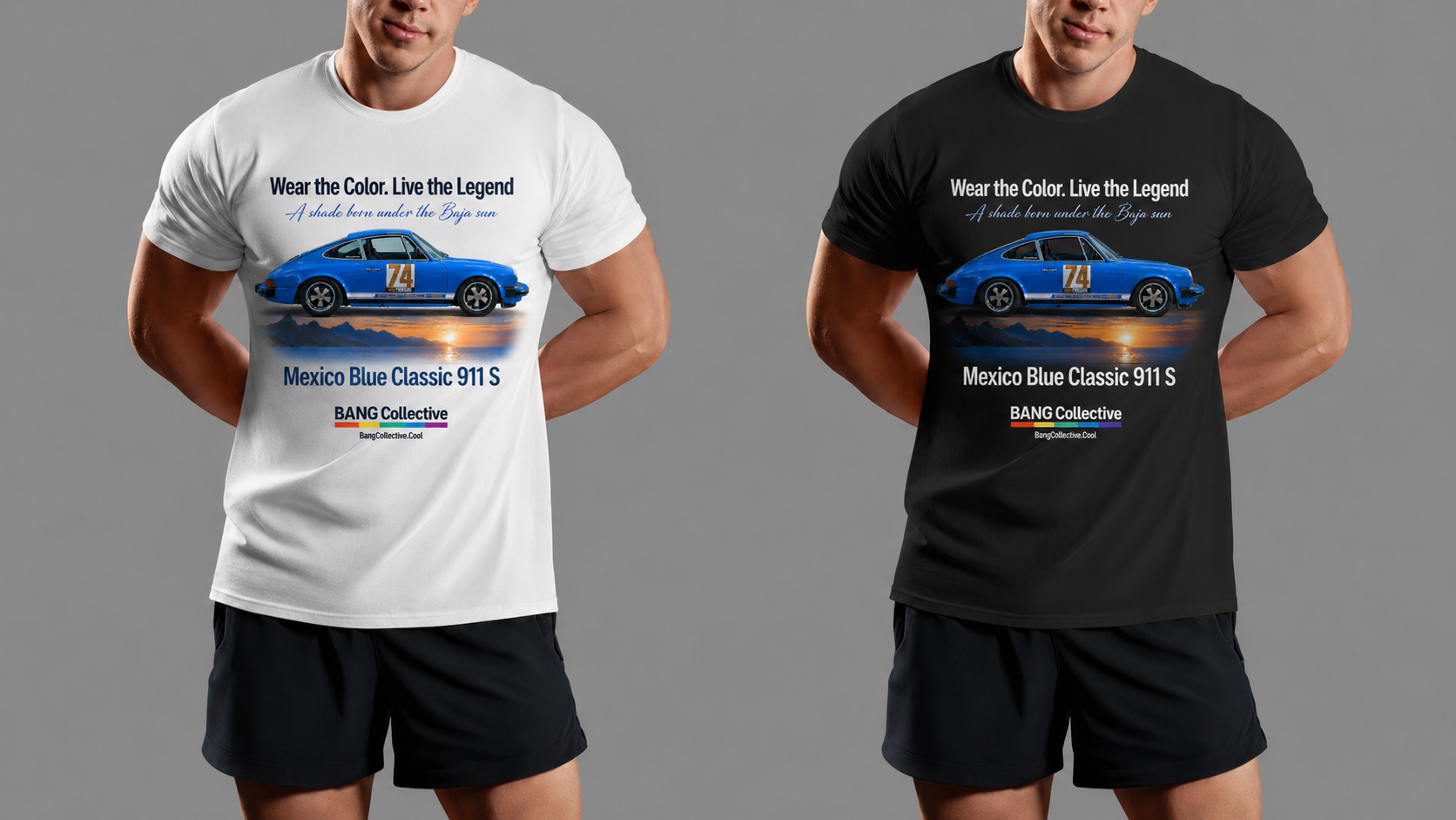 Two men standing side by side wearing T-shirts with the same design, one in a white T-shirt and the other in a black T-shirt. The design features a blue classic Porsche car with the number 74 on the side, a sunset behind mountains, and text promoting the Mazda Blue Classic 911 S car event.