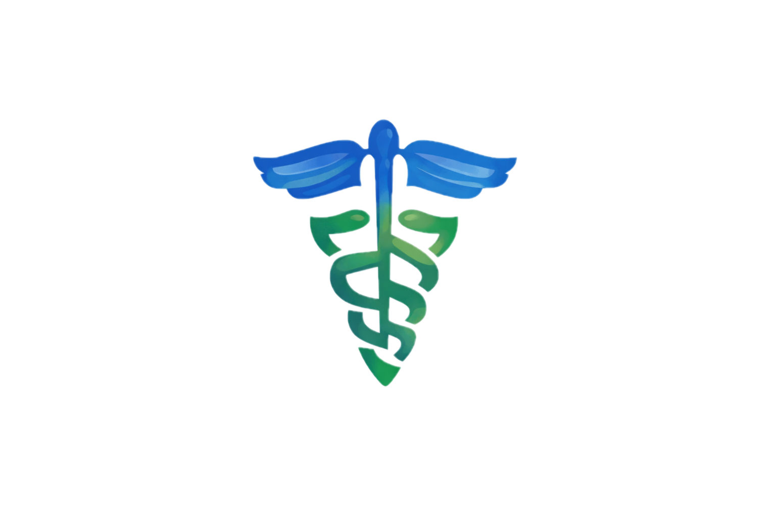 A medical symbol featuring a caduceus with blue wings, a green staff, and a green serpent intertwined around the staff, against a black background.