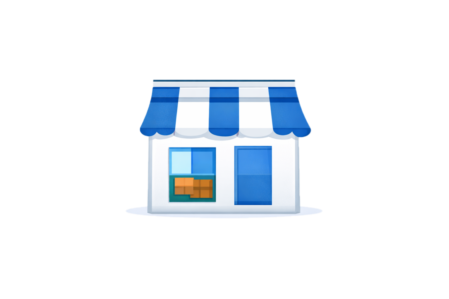 Illustration of a small storefront with a white exterior, a blue door, a large window with some boxes inside, and a blue and white striped awning.
