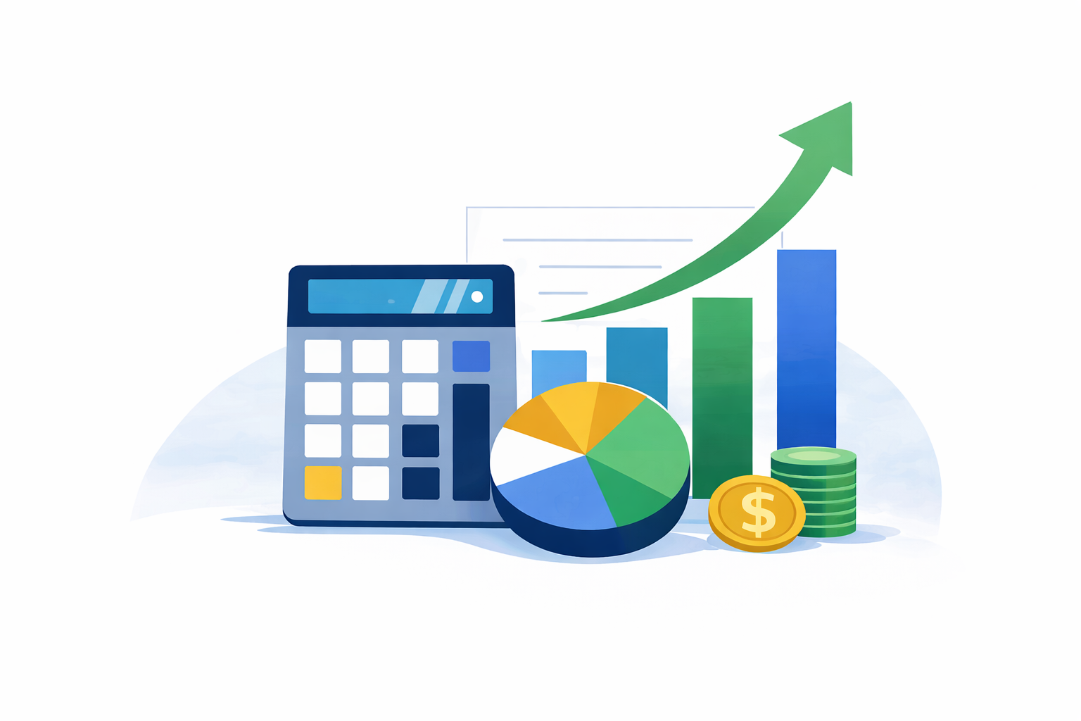 Illustration of financial growth with a calculator, pie chart, bar graph with ascending blue and green bars, a green upward arrow, and stacks of gold coins.
