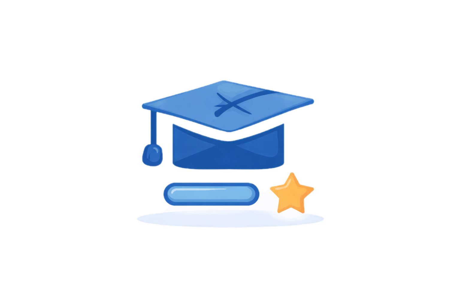 Blue graduation cap, orange star, blue button on a white surface.