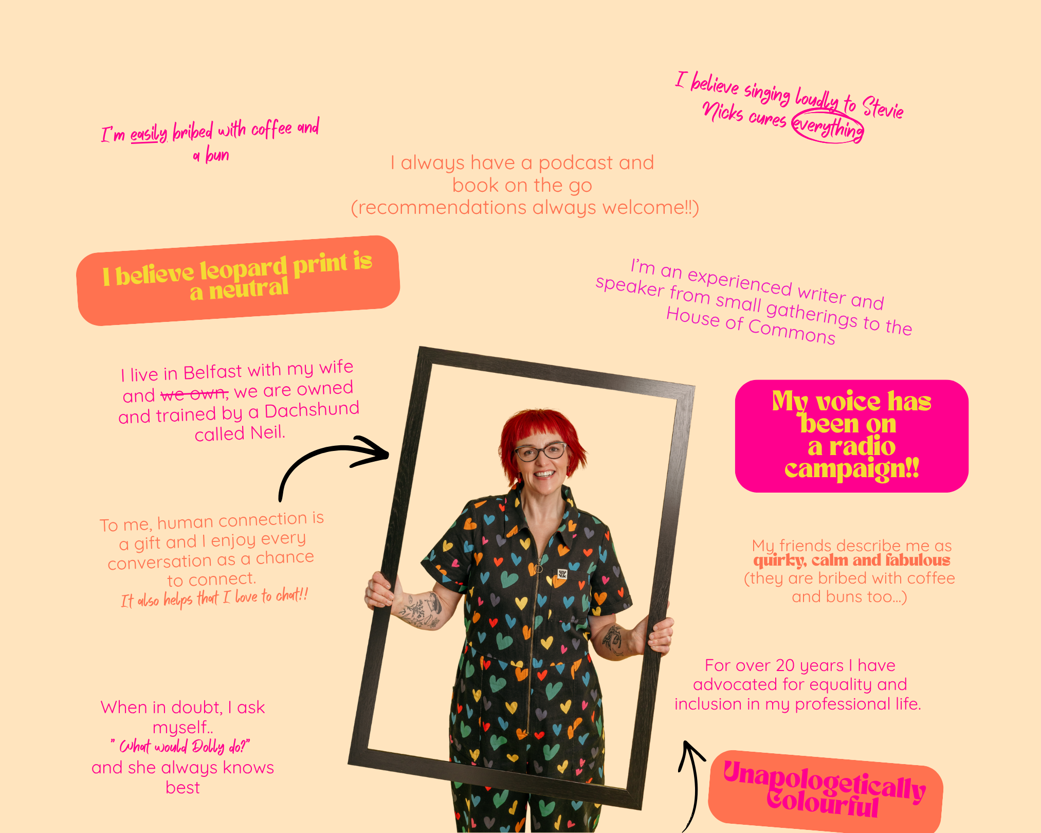 A woman with red hair, glasses, and tattoos wearing a black jumpsuit with colorful hearts is holding a black picture frame. Around her are colorful speech bubbles with text about her personality and life.