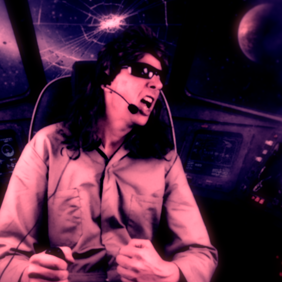 Dip Reinegger wearing sunglasses and a headset, appearing to be in a spaceship with a space-themed background showing planets and stars.