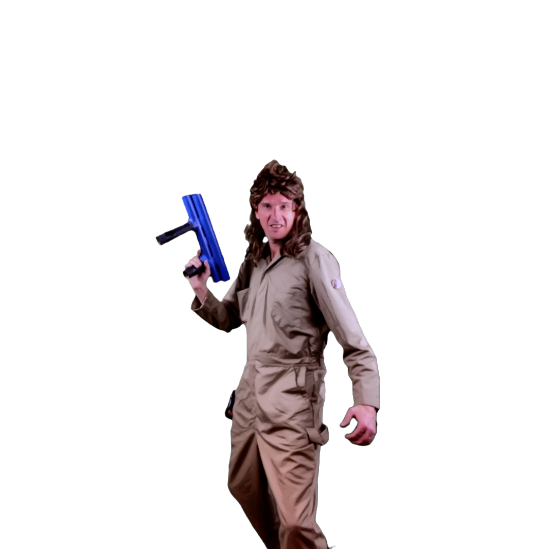 Man dressed in a beige jumpsuit holding a retro blue laser gun against a black background.