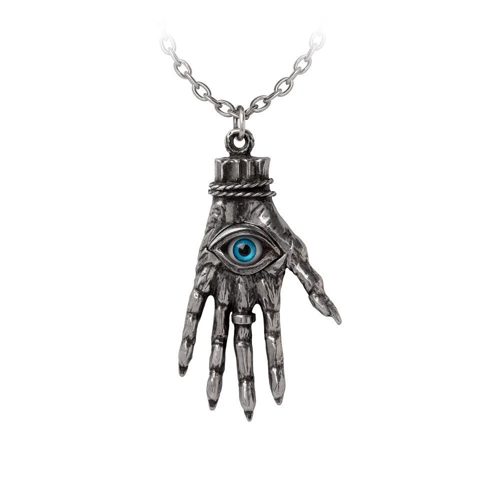 skeletal hand with open blue eye hanging down from chain at wrist.