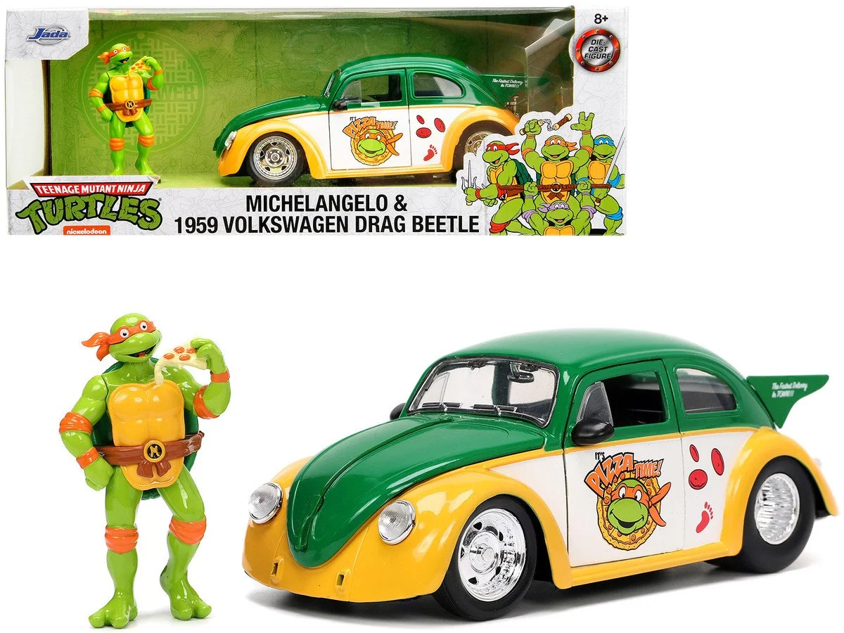 1959 Volkswagen Drag Beetle Green and Yellow and Michelangelo Diecast Figure 