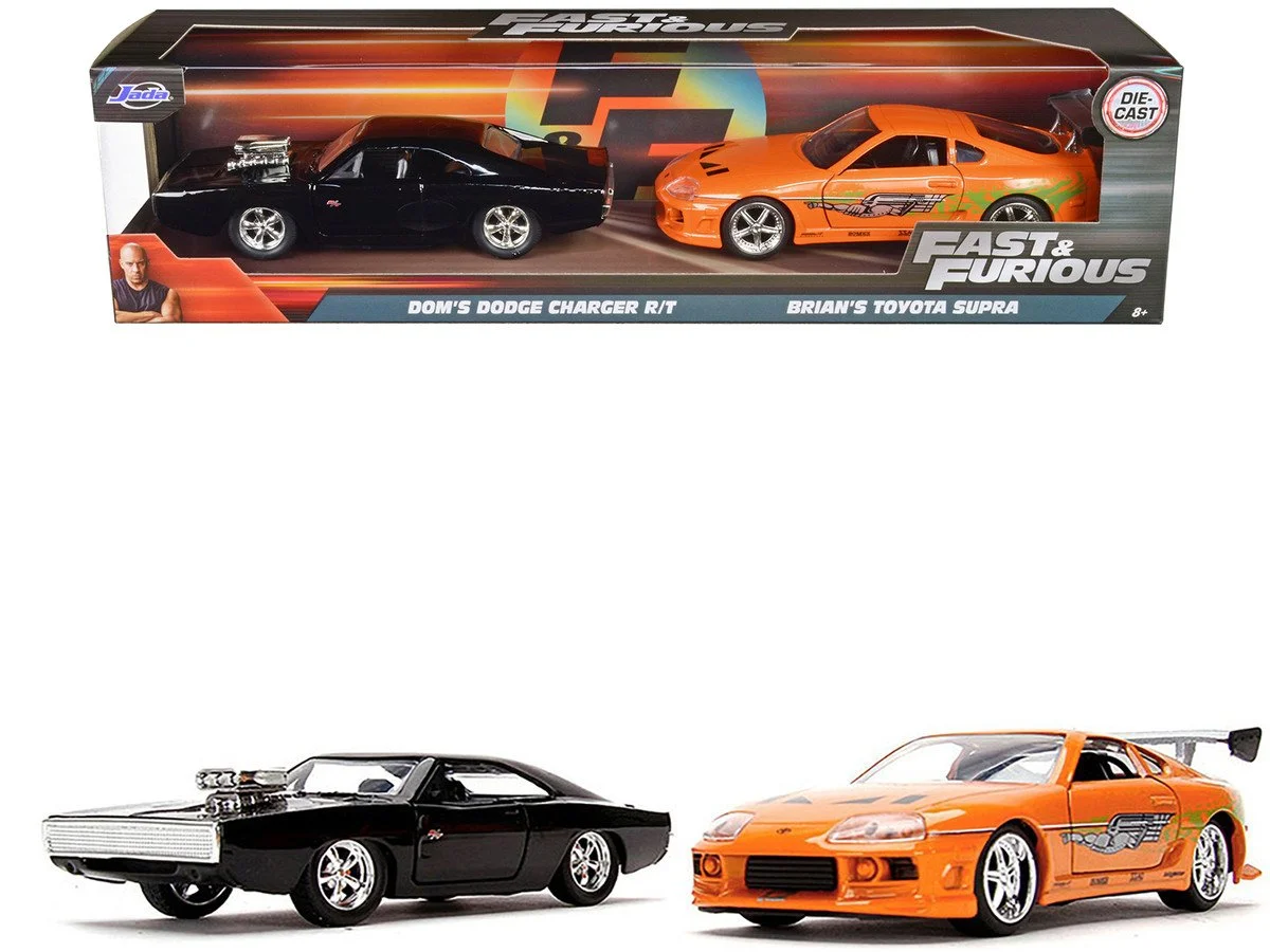 Dom's Dodge Charger R/T Black and Brian's Toyota Supra Orange Set of 2 pieces 