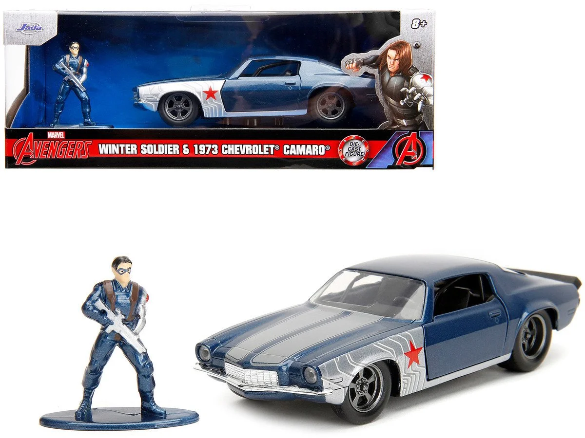 1973 Chevrolet Camaro Dark Blue Metallic with Gray Stripes and Winter Soldier Diecast Figure 