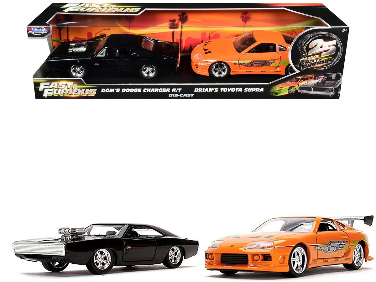 Dom's Dodge Charger R/T Black and Brian's Toyota Supra Orange Set of 2