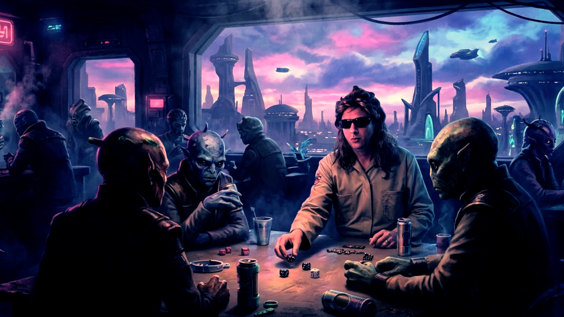 Humans and aliens playing poker at a table in a sci-fi setting with futuristic cityscape outside window