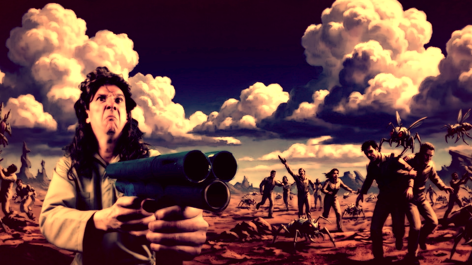 Dip Reinegger with long dark hair holding a triple barrel gun amid a post-apocalyptic landscape with people and giant insects, under a cloudy sky.