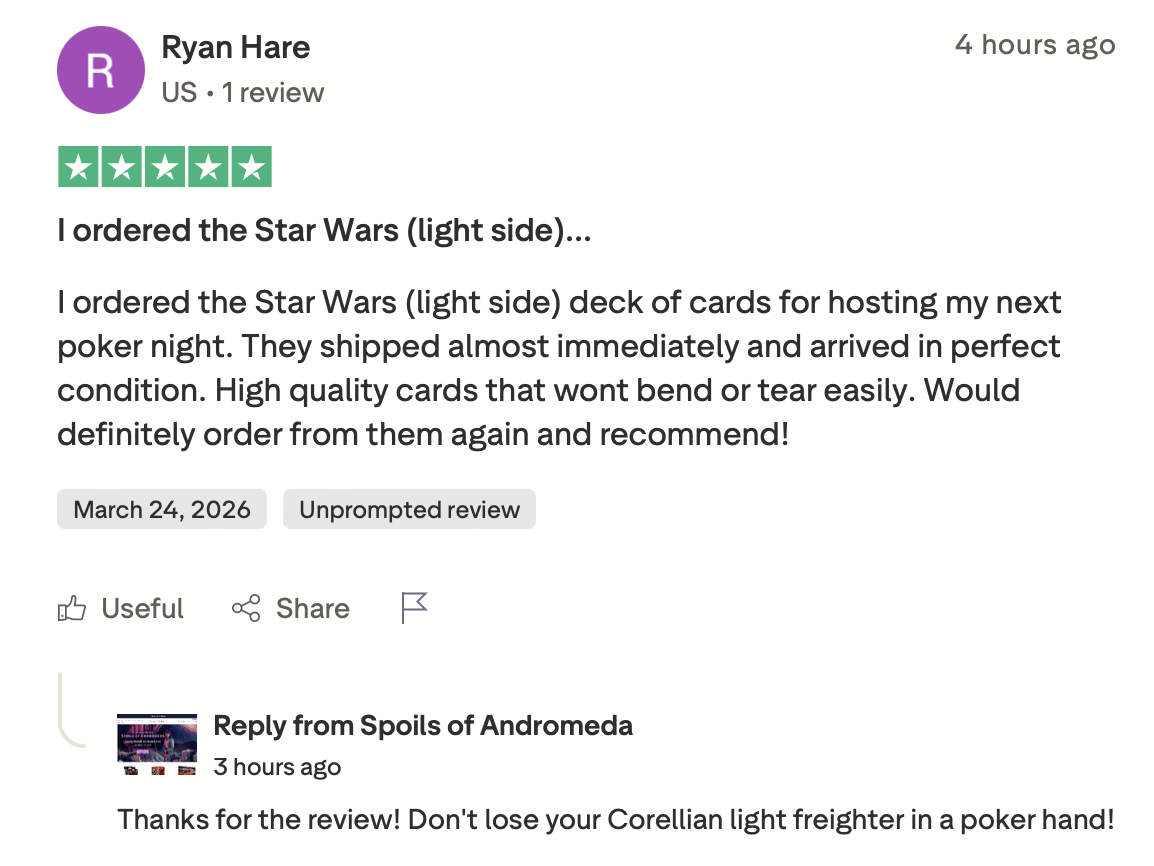 Online review of a deck of Star Wars light side playing cards, praising quick shipping and high quality, with a response advising to keep a Corellian light freighter in poker.