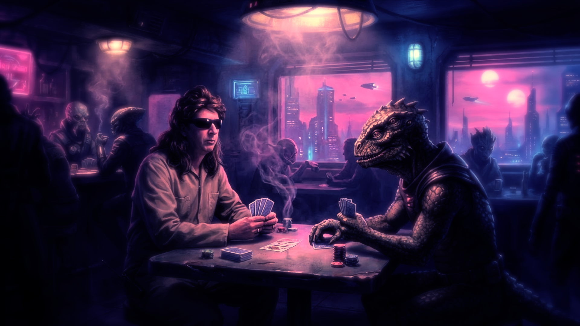 A futuristic bar scene with a human man wearing sunglasses playing cards with an anthropomorphic lizard or dinosaur humanoid. The background shows a cityscape with tall buildings and flying vehicles through large windows, with neon signs and purple-pink lighting creating a cyberpunk atmosphere.