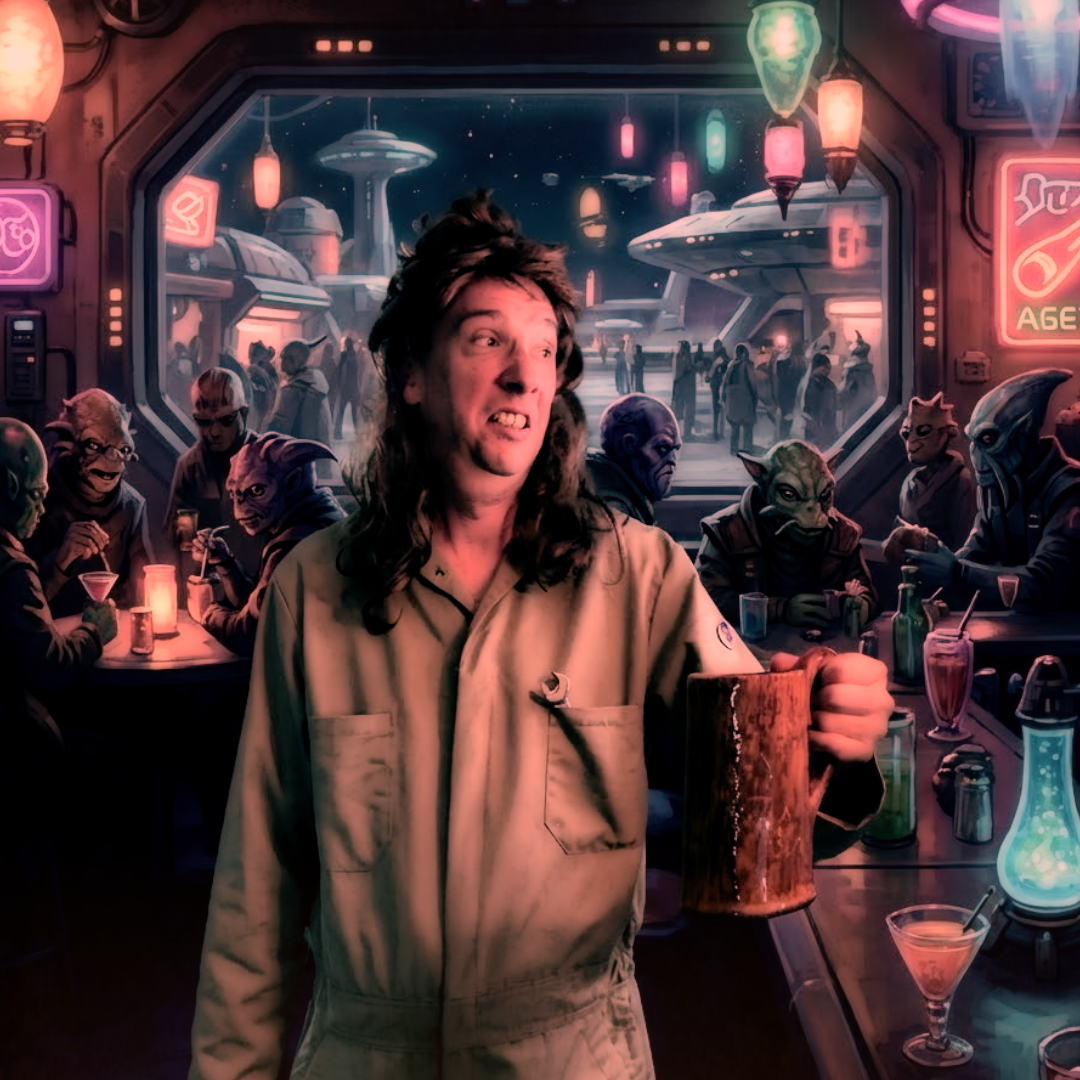 Dip Reinegger enjoying a well-earned mug of florg inside a futuristic bar with alien patrons and a starry space scene outside the window.