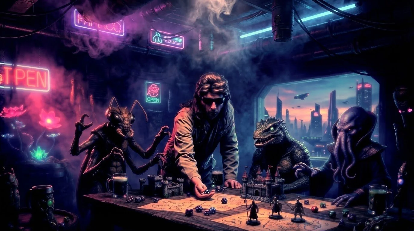 A person playing a tabletop role-playing game surrounded by fantasy characters such as an insect-like creature, a dragon, and an alien, in a dimly lit room with neon signs, futuristic city skyline, and a window in the background.