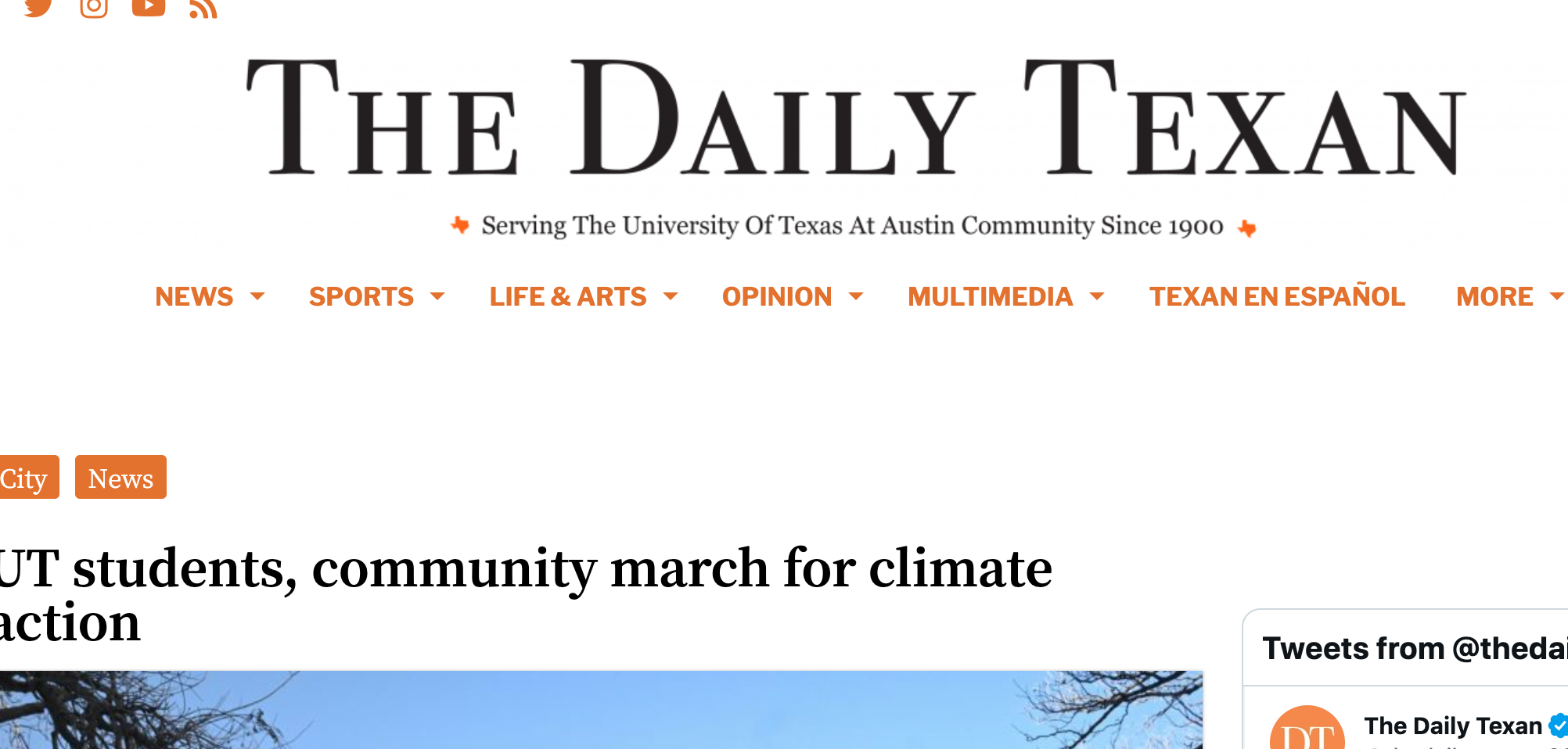 The logo of The Daily Texan, a newspaper affiliated with the University of Texas at Austin, showing the paper’s name in large black letters with a tagline below and menu options in orange, including News, Sports, Life & Arts, Opinion, Multimedia, Tex
