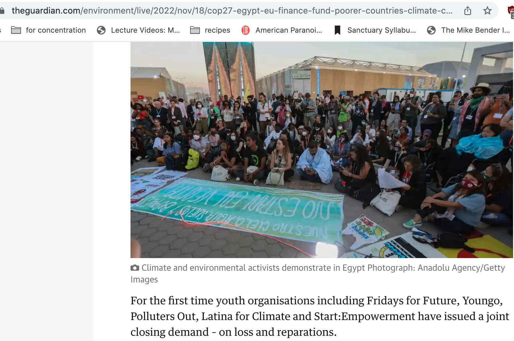 Climate and environmental activists demonstrate at an outdoor protest in Egypt. The group includes young people sitting and standing, with banners and signs supporting climate activism and social justice.