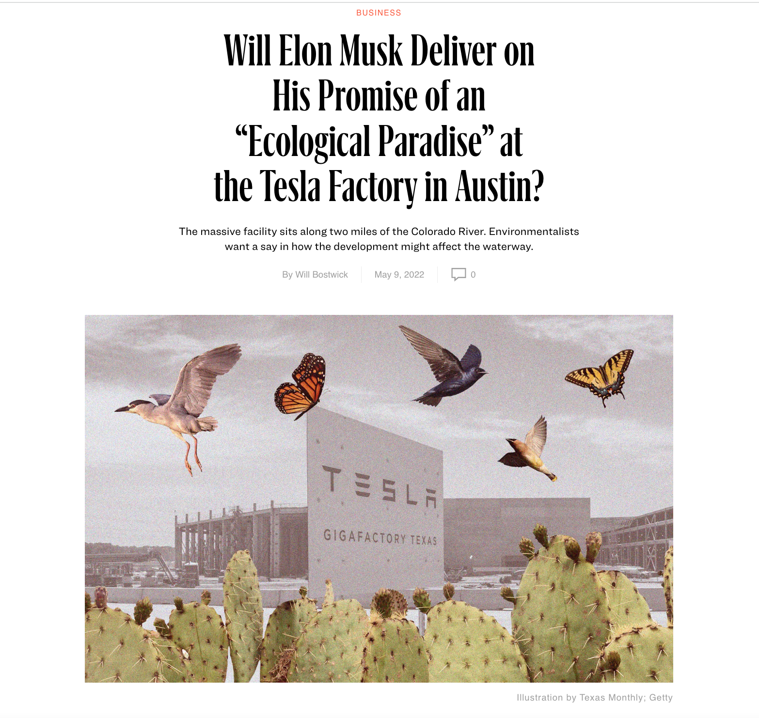 Newspaper article headline about Elon Musk delivering a promise of ecological paradise at a Tesla factory in Austin, Texas. The feature includes an image of Angelina cacti in the foreground, and flying birds and butterflies against the background of 