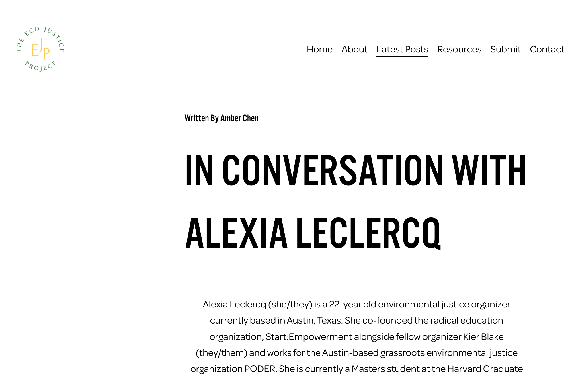 Webpage of The Eco Justice Project featuring an interview with Alexia Leclercq, with the title "In Conversation with Alexia Leclercq" in bold large text. The top navigation menu includes Home, About, Latest Posts, Resources, Submit, and Contact. The 