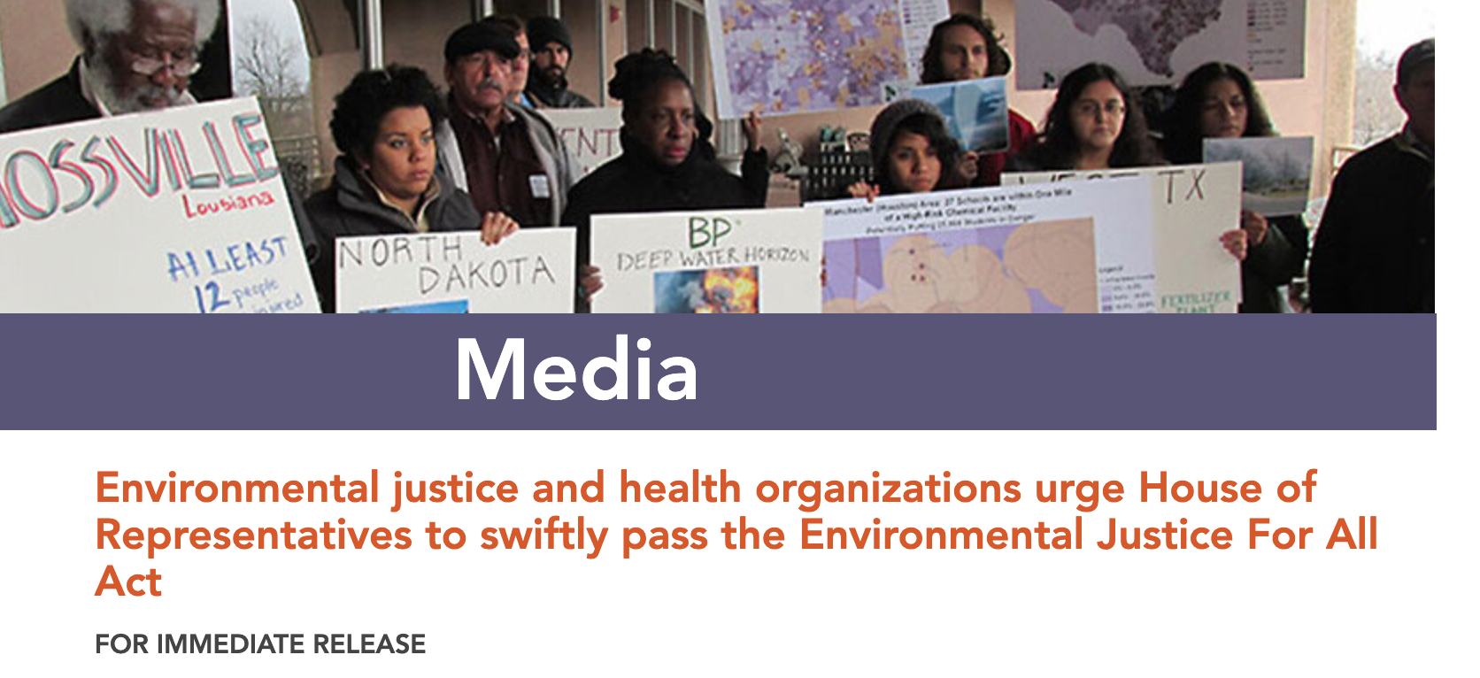 Group of protesters holding signs about environmental issues during a demonstration, with a headline urging the House of Representatives to pass the Environmental Justice For All Act.