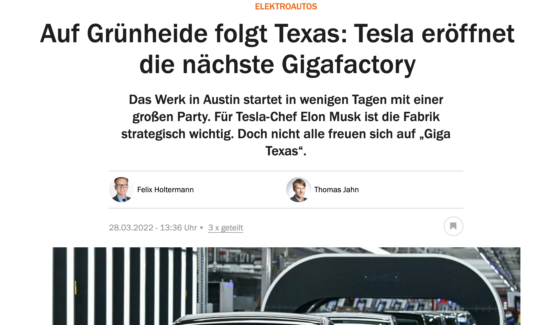 Headline in German about Tesla opening a new Gigafactory in Texas, with photos of Felix Holtermann and Thomas Jahn, and an image of a car factory.