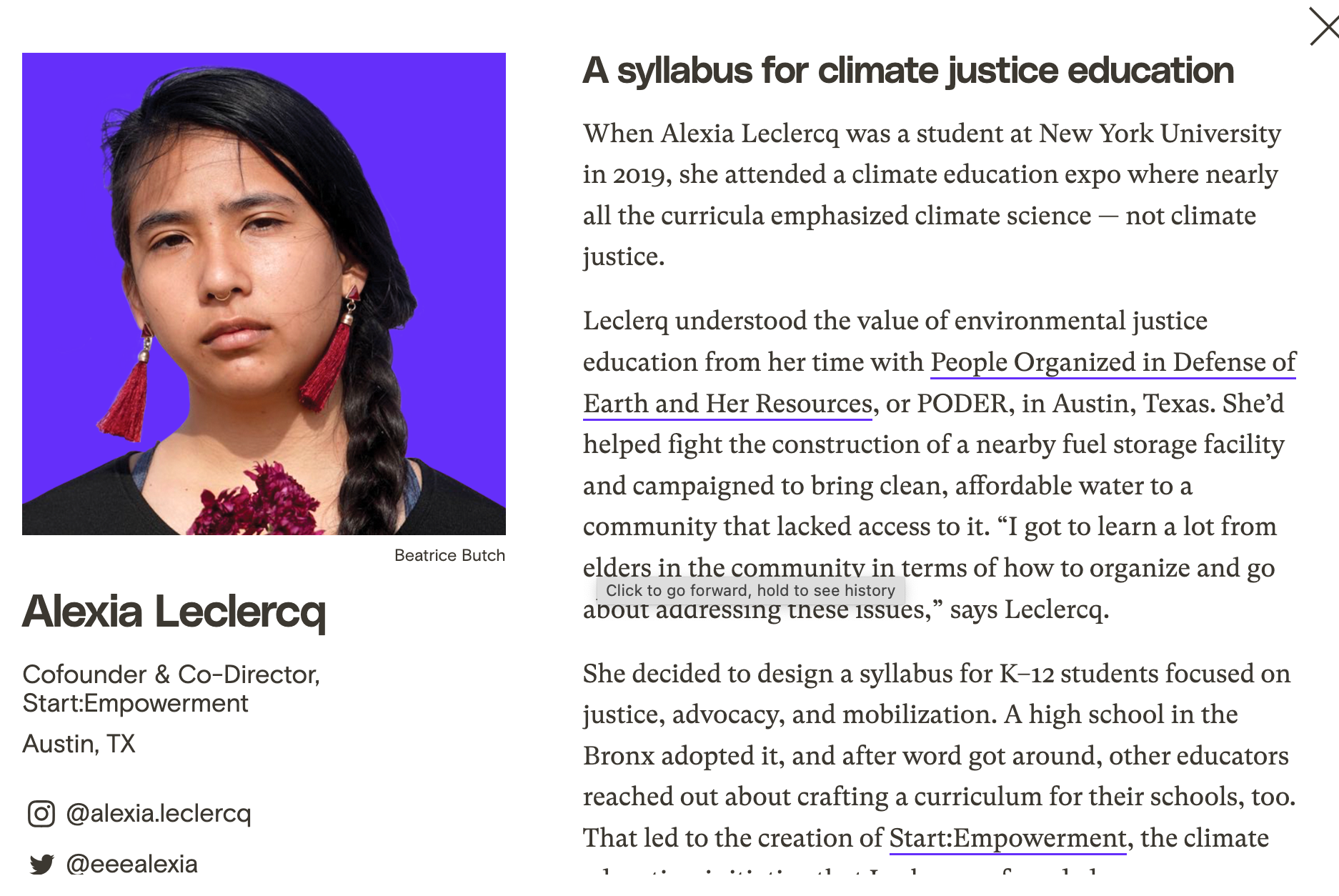 A informational article about Alexia Leclercq, co-founder of Start:Empowerment in Austin, Texas, featuring her portrait on the left with a purple background, and text explaining her background, work, and goals in climate justice education.