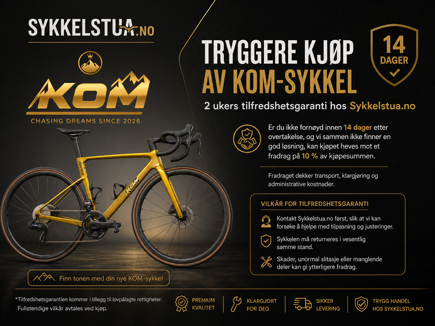 KOM-sykkel hos Sykkelstua.no med 14 dagers tilfredshetsgaranti, trygg handel og personlig tilpasning