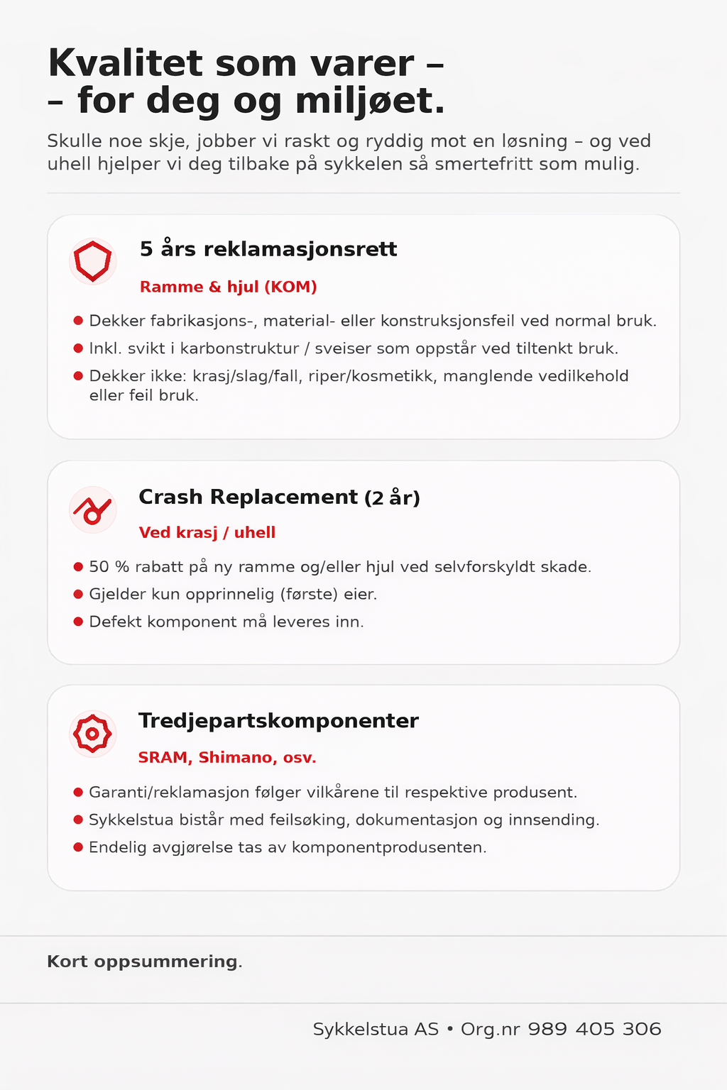 Oversikt over garanti, crash replacement og tredjepartskomponenter hos Sykkelstua.