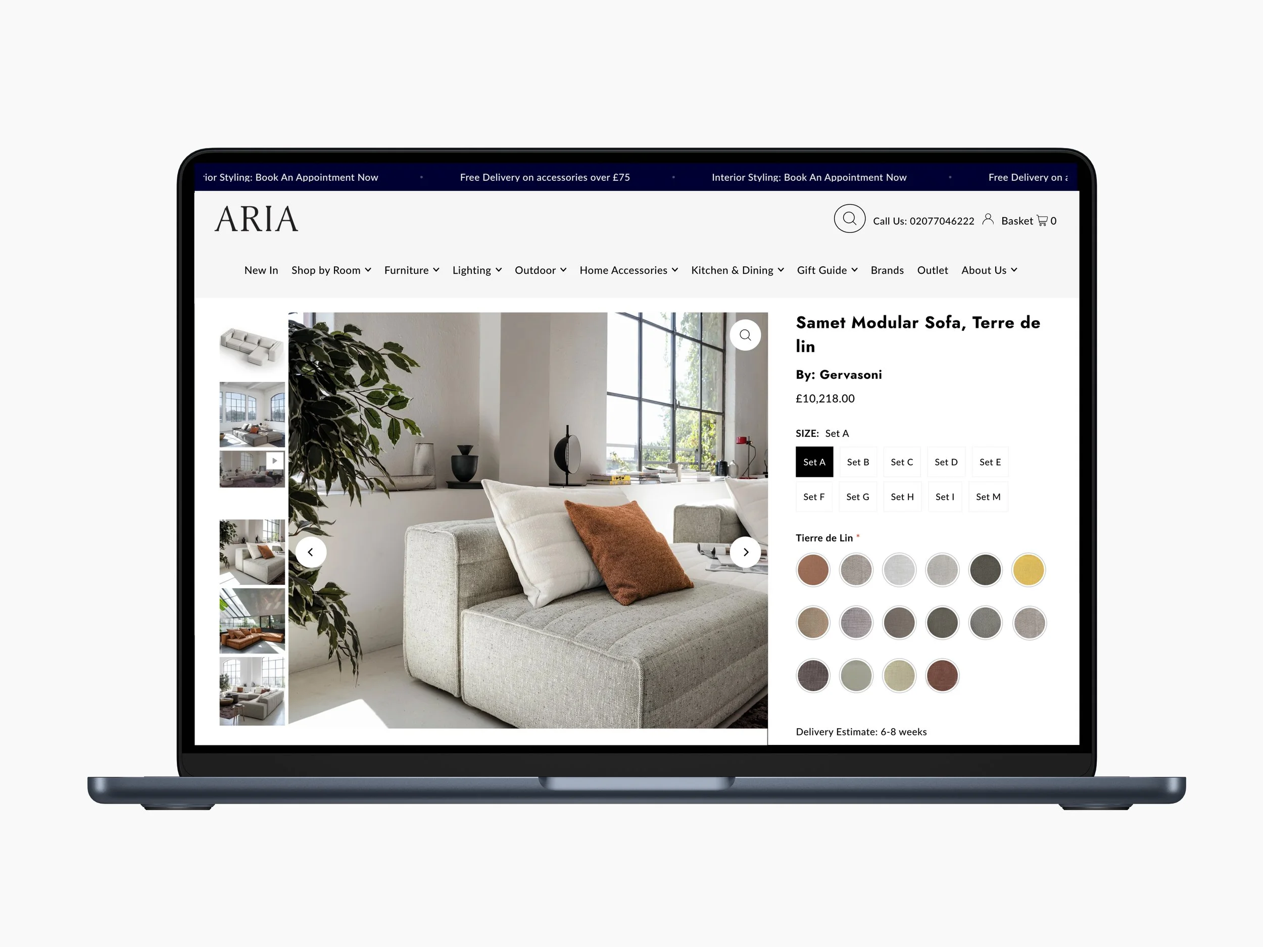 Computer screen displaying an online furniture store with a beige modular sofa, palette options, and website navigation menu.