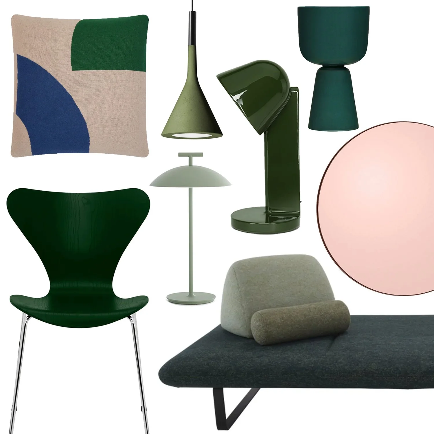 Collection of modern furniture and home decor items, including a colorful geometric throw pillow, three green table lamps, a white and a beige bug-shaped chair, a flat pink round tabletop, and a gray upholstered bench with a cylindrical pillow.