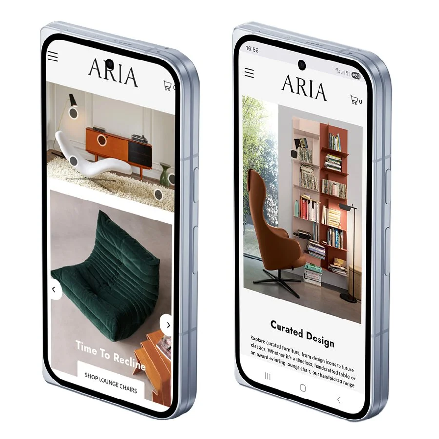Two smartphones displaying interior design and furniture shopping apps, featuring rooms with chairs, bookshelves, and decor items.