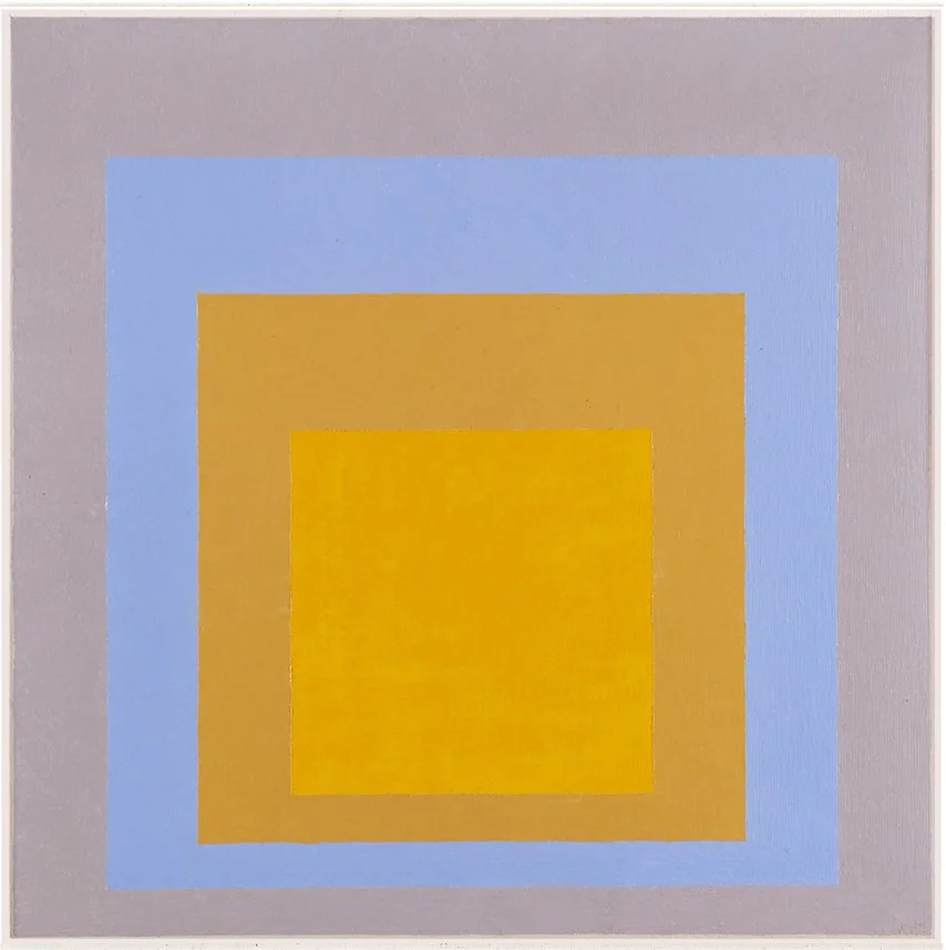 Abstract artwork with a central yellow square, surrounded by concentric squares in blue, gold, and gray tones.