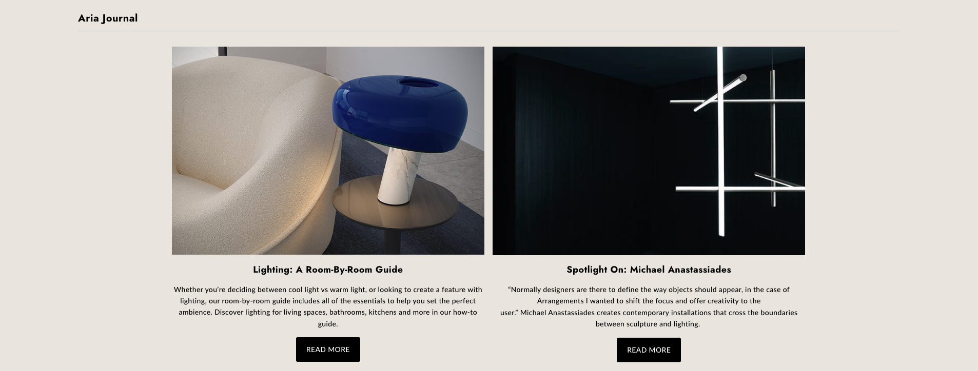 A modern interior scene featuring a cream-colored textured sofa with a blue and white artistic table lamp beside it, and a separate image of contemporary ceiling lighting with white linear LED fixtures on a dark background.