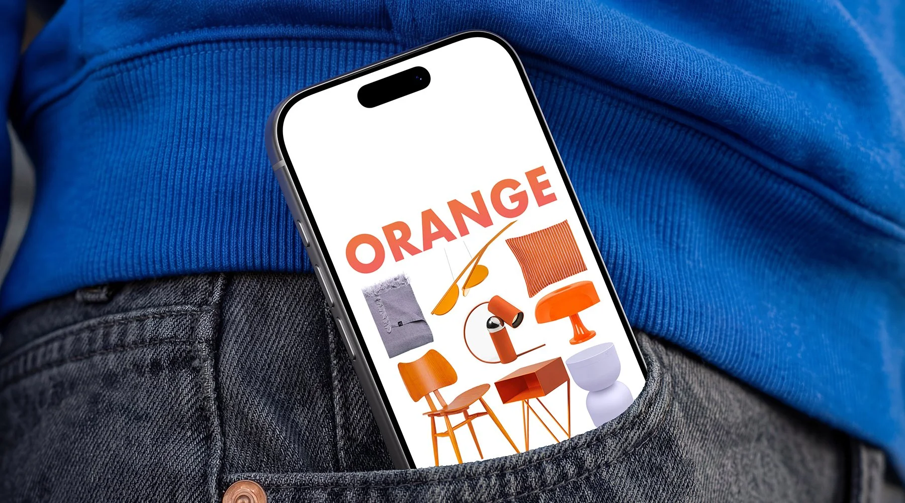 A smartphone with a screen displaying various orange-colored furniture and decor items, with the word "ORANGE" at the top.