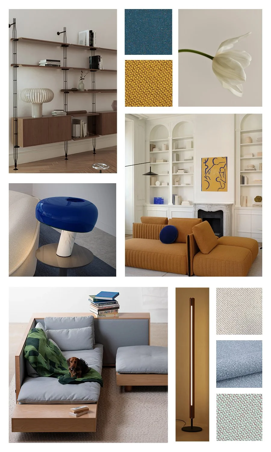 Collage of modern interior design scenes featuring bookshelves, a white flower, colorful textiles, contemporary furniture, a lamp, a dog on a couch, and accent fabrics in neutral tones.