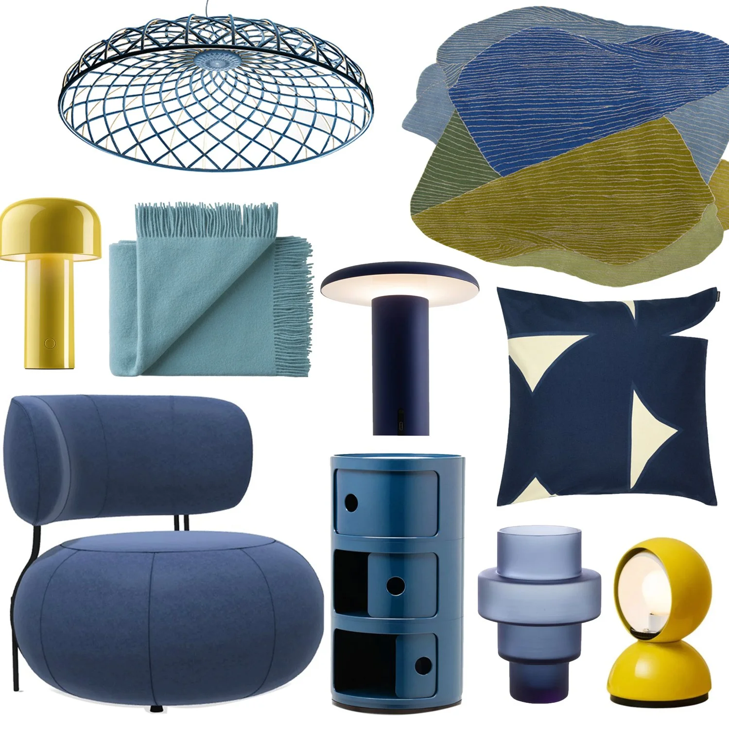Collection of modern home decor items including a blue seating bench, a blue throw blanket, a yellow table lamp, a blue table lamp, a blue storage sideboard, a colorful fabric bowl, a navy pillow with white geometric shapes, a yellow and black table lamp, and a metallic yellow table lamp.