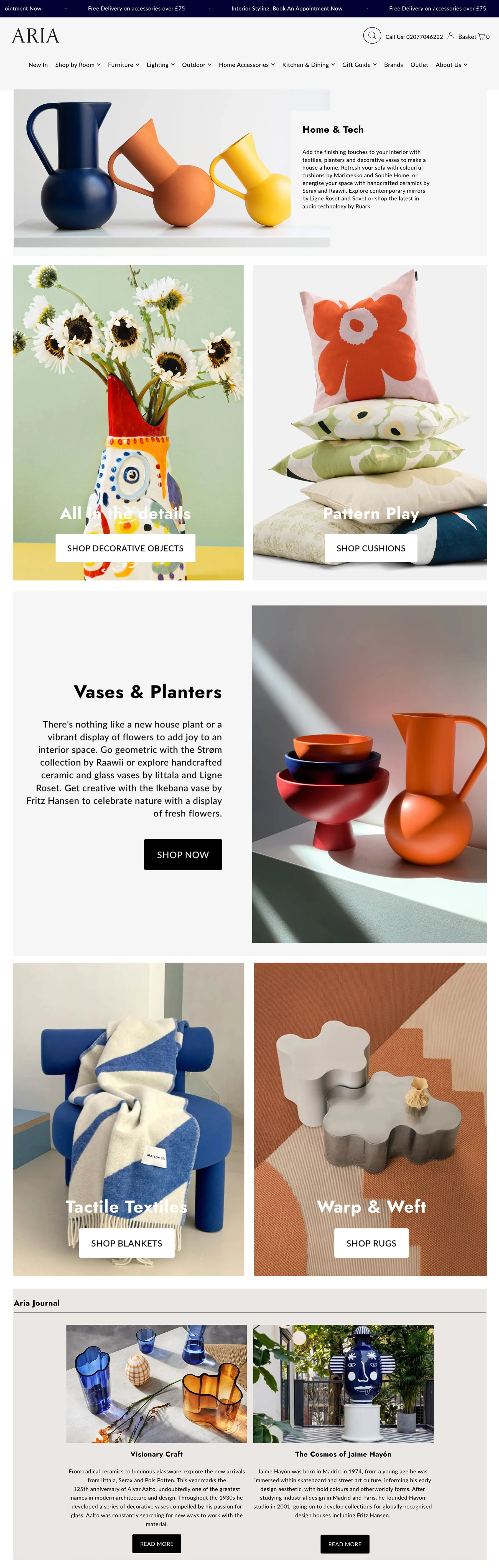 Homepage of Aria home decor website featuring vases, cushions, decorative objects, textiles, rugs, and a journal section with craft and design articles.