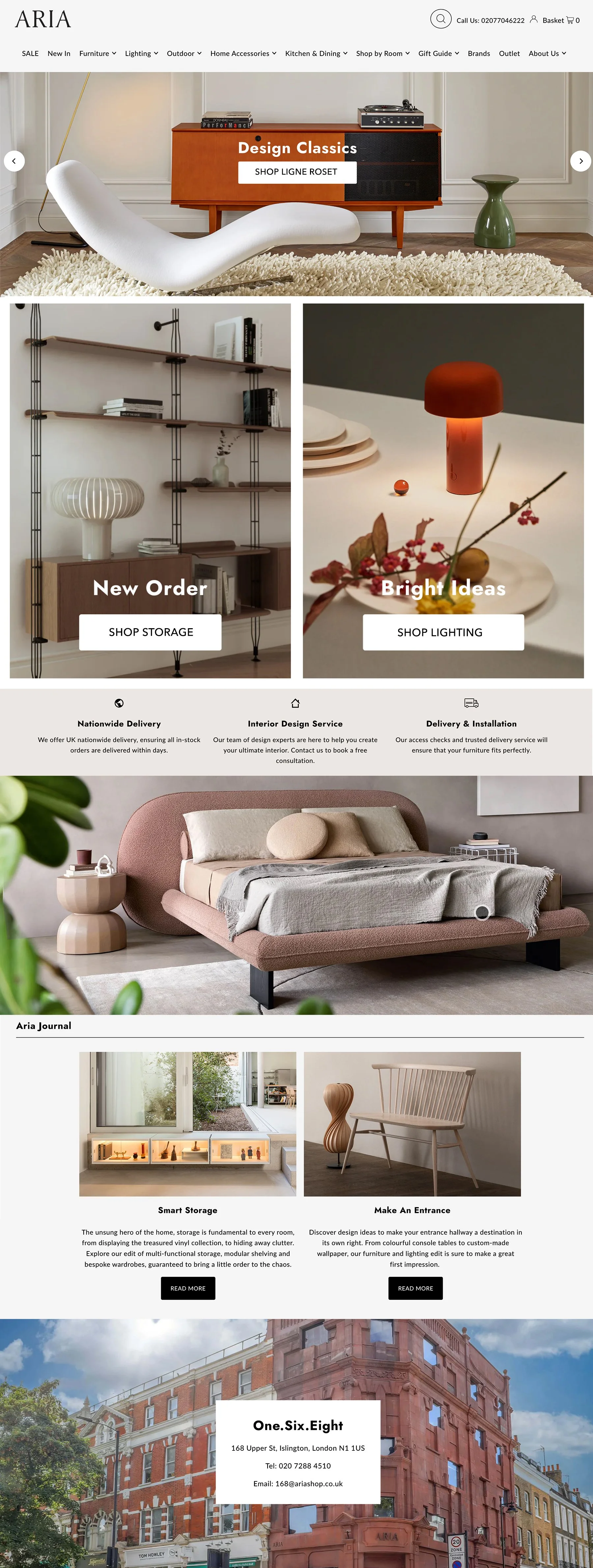 Collection of furniture and interior decor including a white lounge chair, a wooden sideboard with record players, a red table lamp, a bed with beige bedding, and a display of various home accessories, organized in a modern and stylish setting.