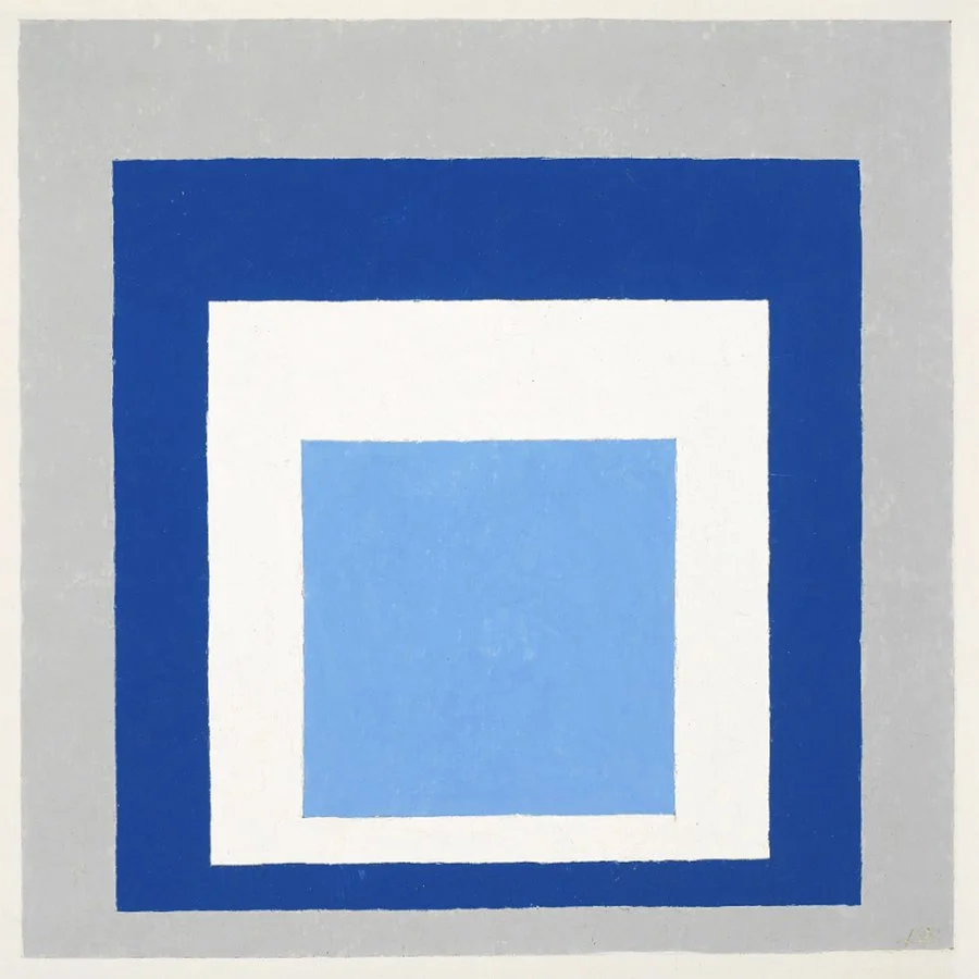 Abstract artwork with concentric squares in shades of blue, white, and gray.