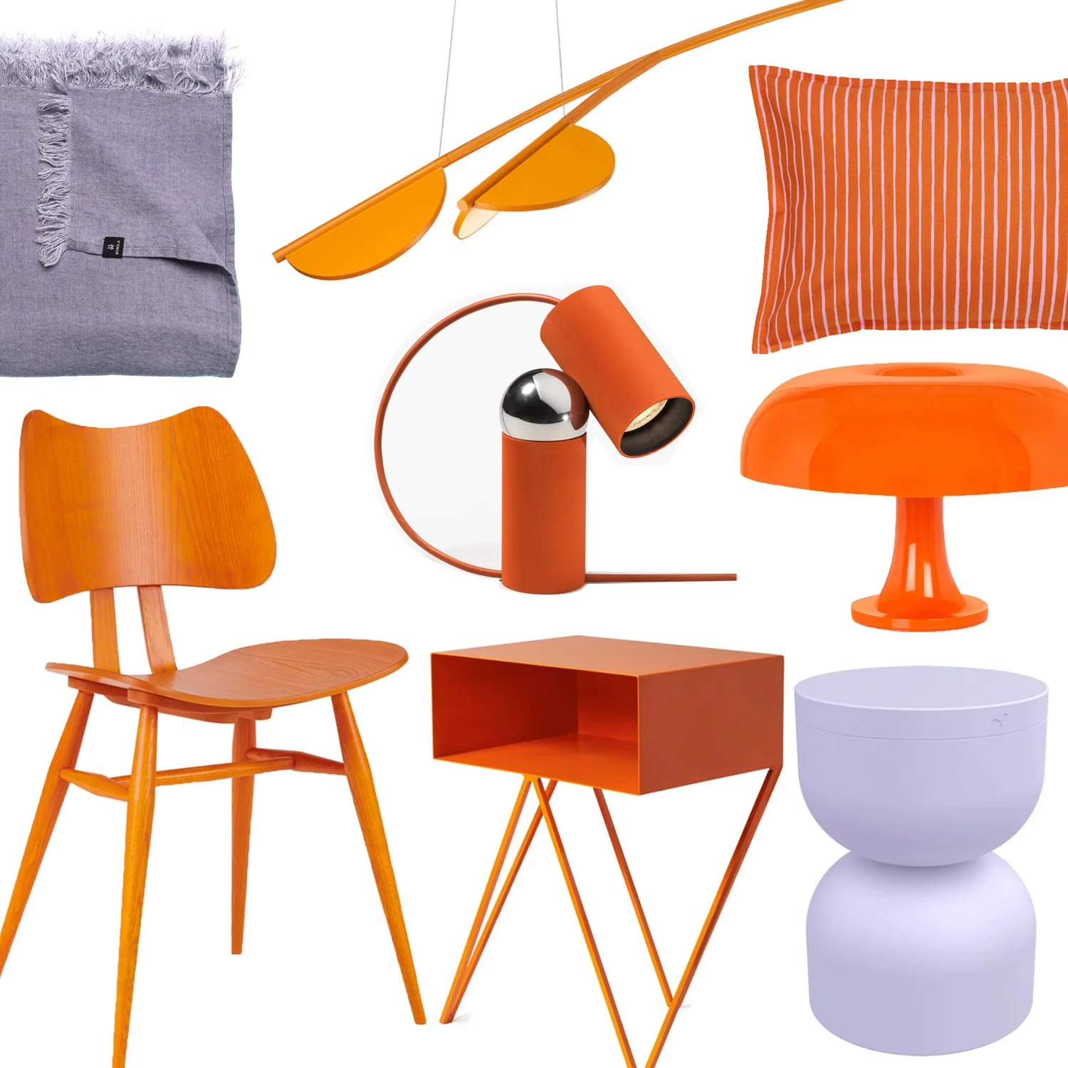 Collection of various orange and neutral-colored home decor items, including furniture, lamps, and a pillow.