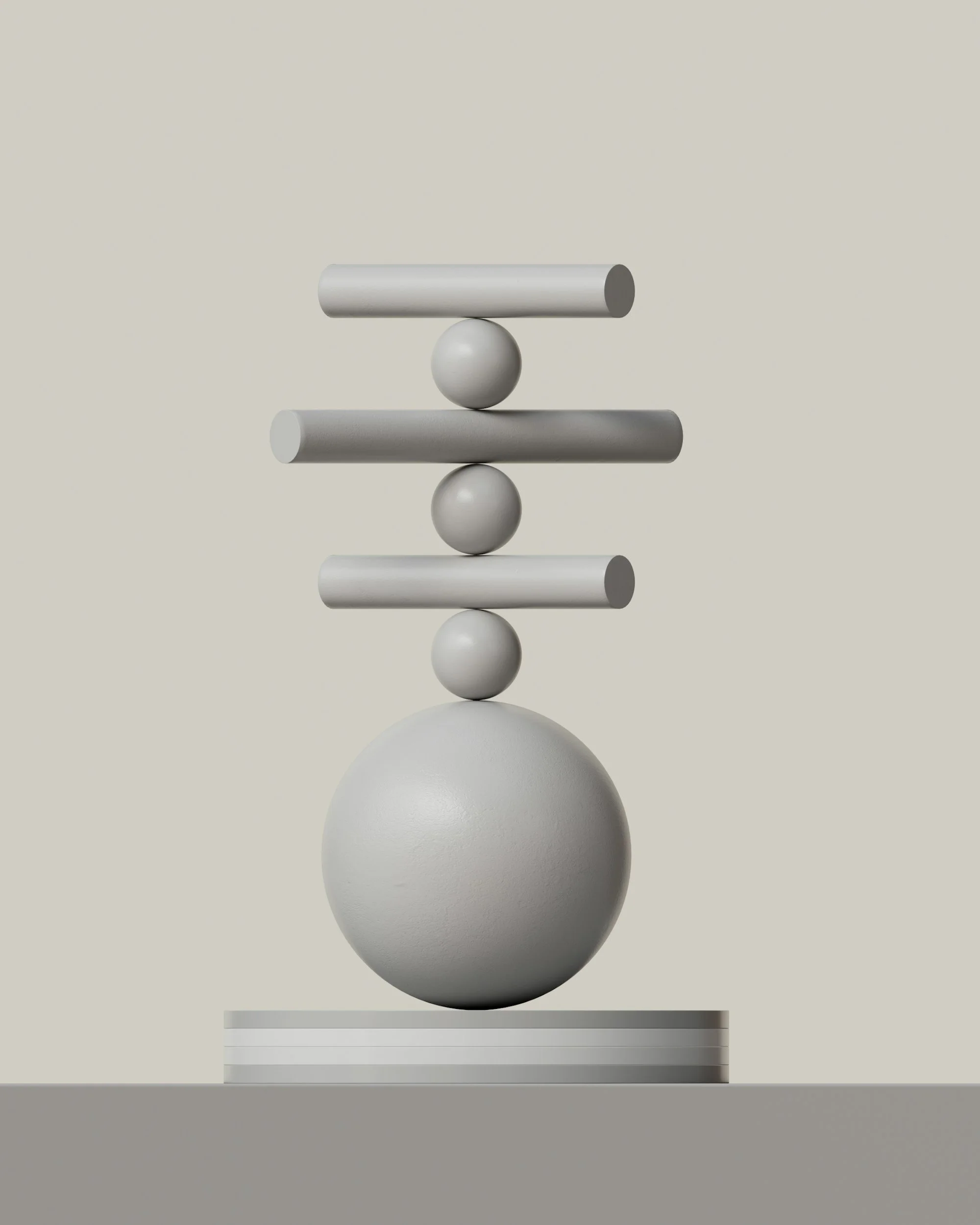 spheres and cylinder shapes stacked, one one top of the other, are balanced perfectly