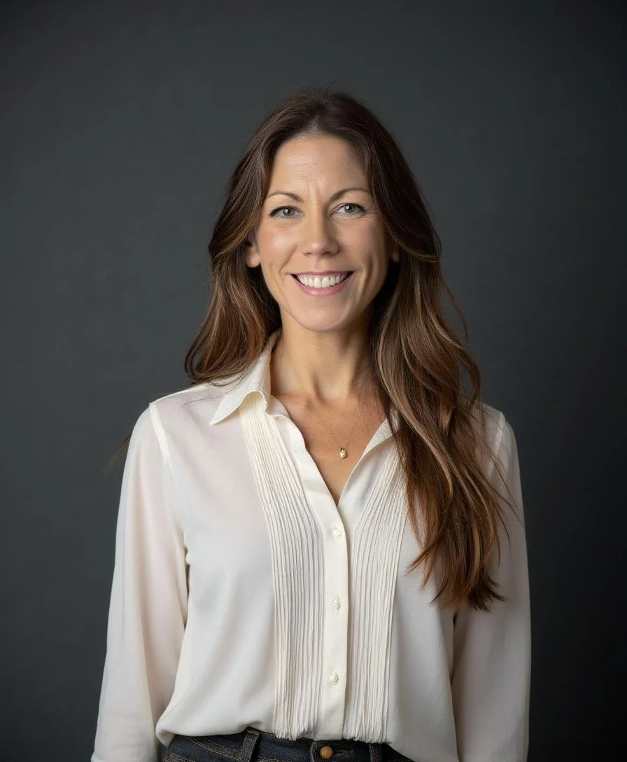 A woman with long brown hair smiling, wearing a white blouse and standing against a dark gray background.